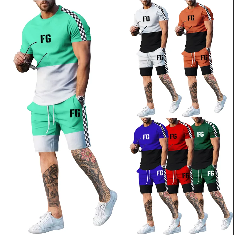 

023 Summer Smooth Men's Set Round Neck Casual Top+Sports Drawstring Elastic Waist Fitness Shorts Boutique Two Piece Set