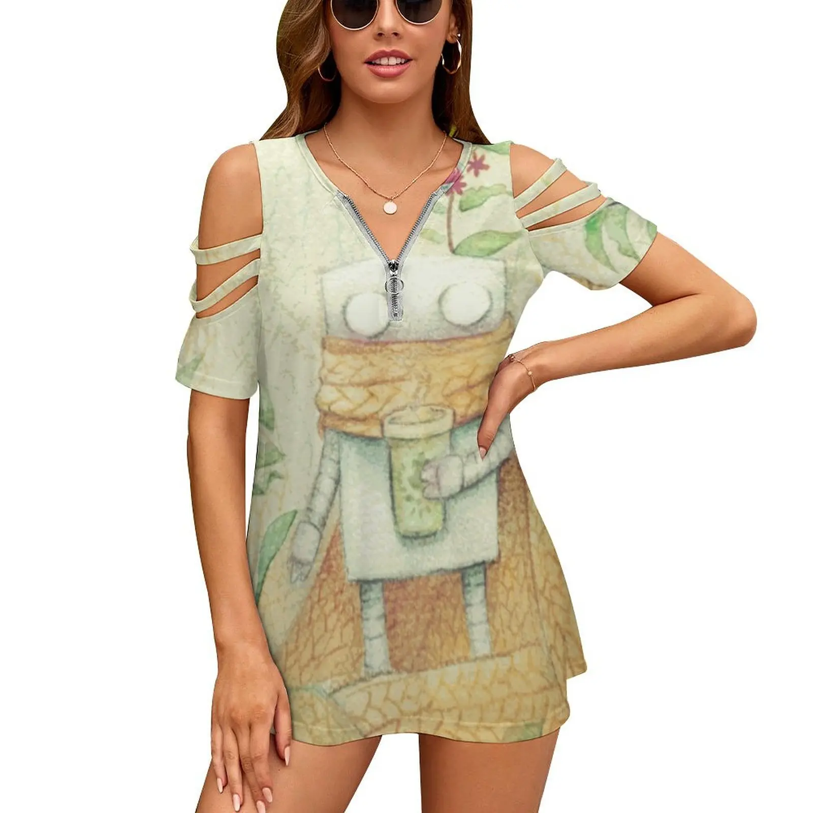 

Женская футболка на молнии с V-образным вырезом