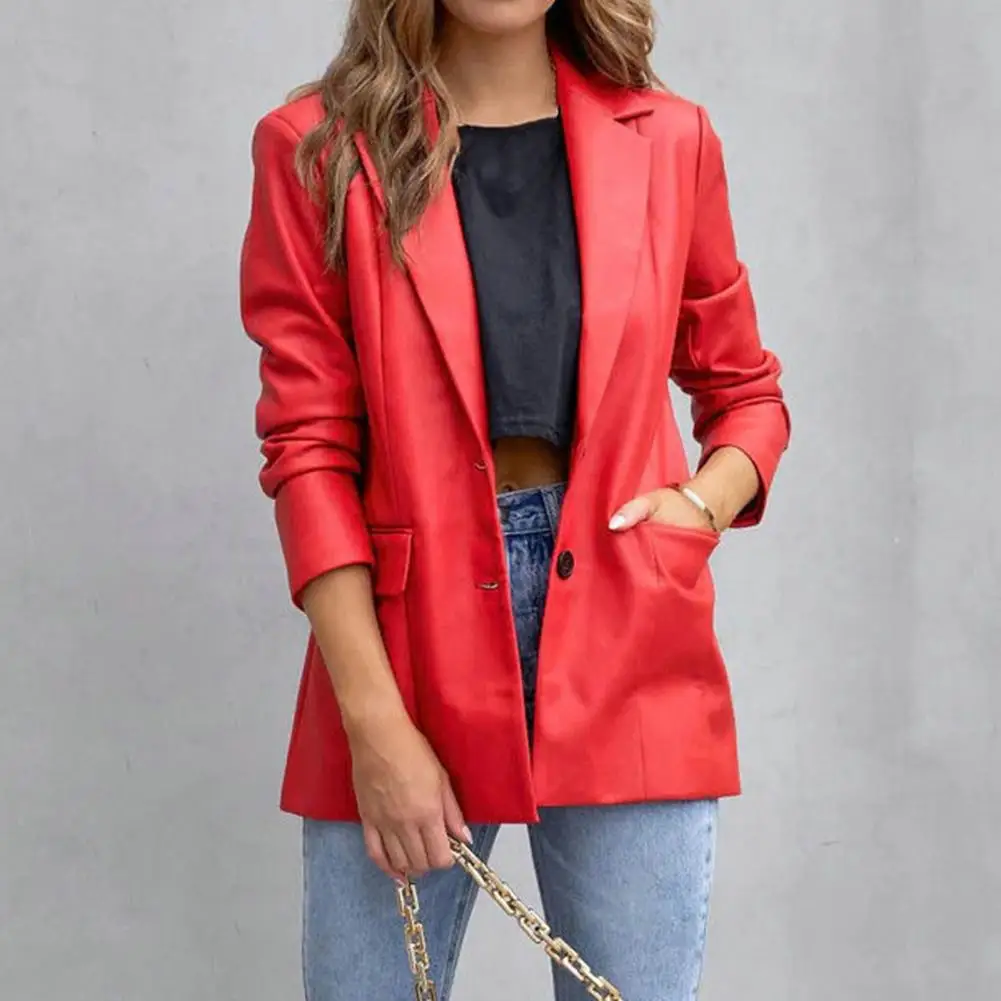 

Women Faux Leather Blazer Jacket Single-breasted Lapel Solid Color Turn-down Collar Windproof Autumn Winter Coat Chaquetas