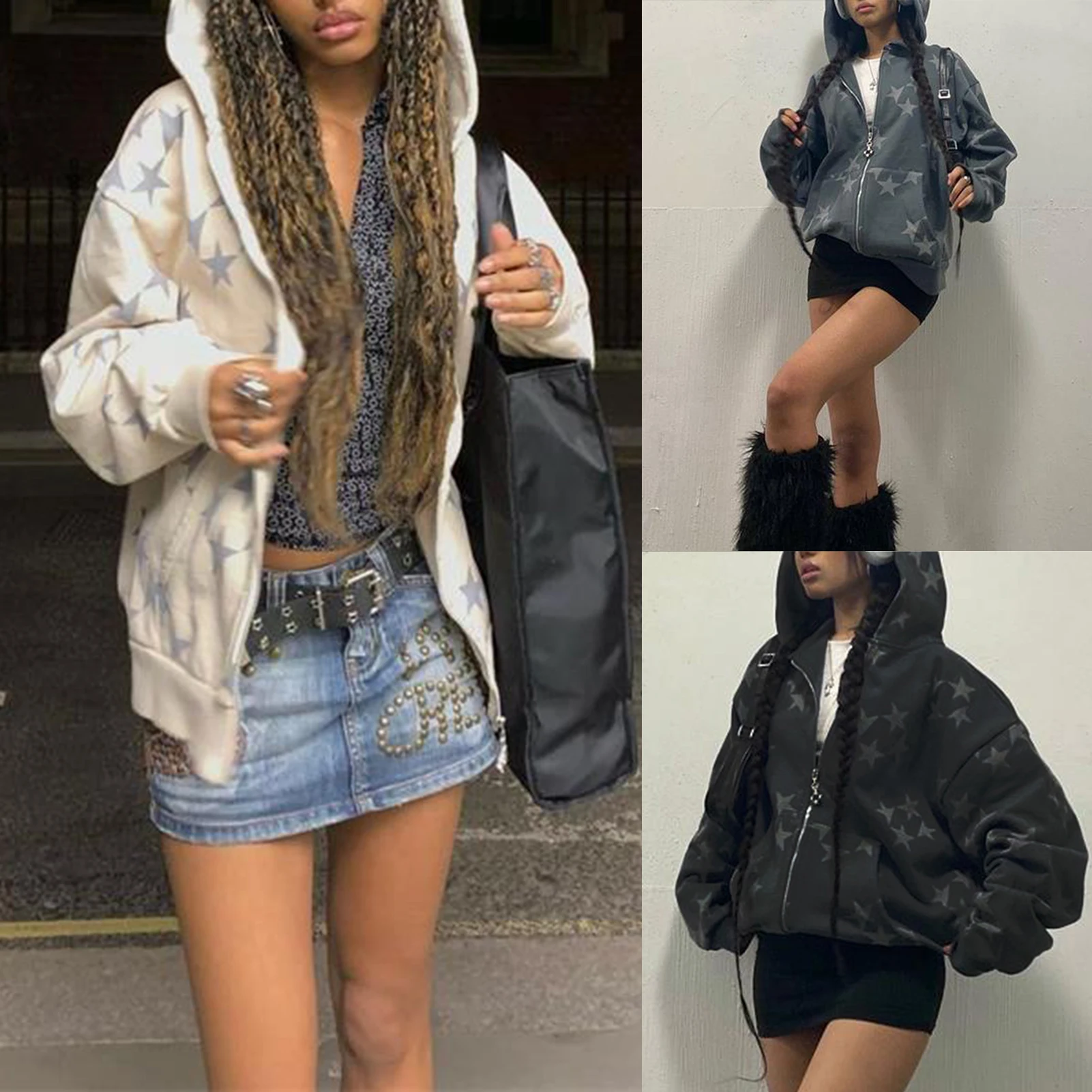 

Full Zippered Hoodie Jacket Oversized Sweatshirt Long Sleeve Y2K Style Star Printed Sweater With Pocket Hoodies Streetwear Daily