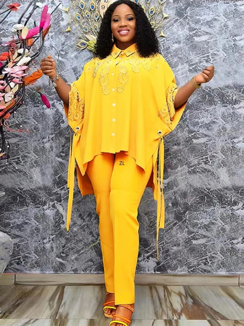 2 Two Piece Set Diamonds Three Quarters Sleeve Blouse Tops And Pant Suits Summer Autumn Women Set Sheath Matching Fashion Outfit