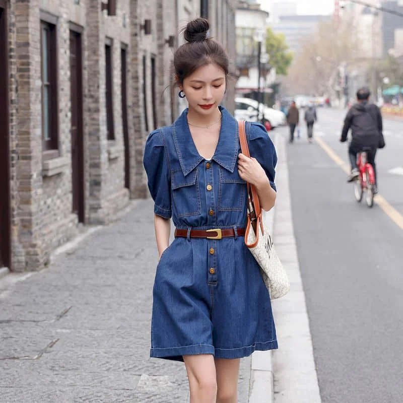 Джинсовый комбинезон для женщин, повседневный комбинезон, винтажный комбинезон с короткими рукавами-пузырями, Свободные Комбинезоны, цельный костюм, женская одежда