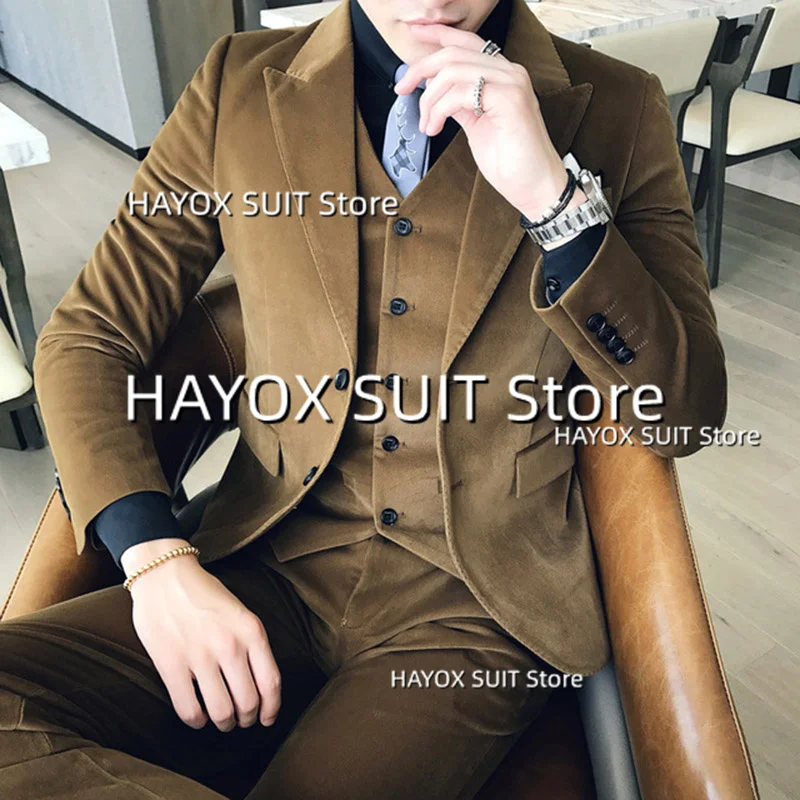Men's Suits 2 Piece Slim Fit Corduroy Single Breasted Jacket Pants Business Formal British Office Wedding Groom Prom Party Blaze