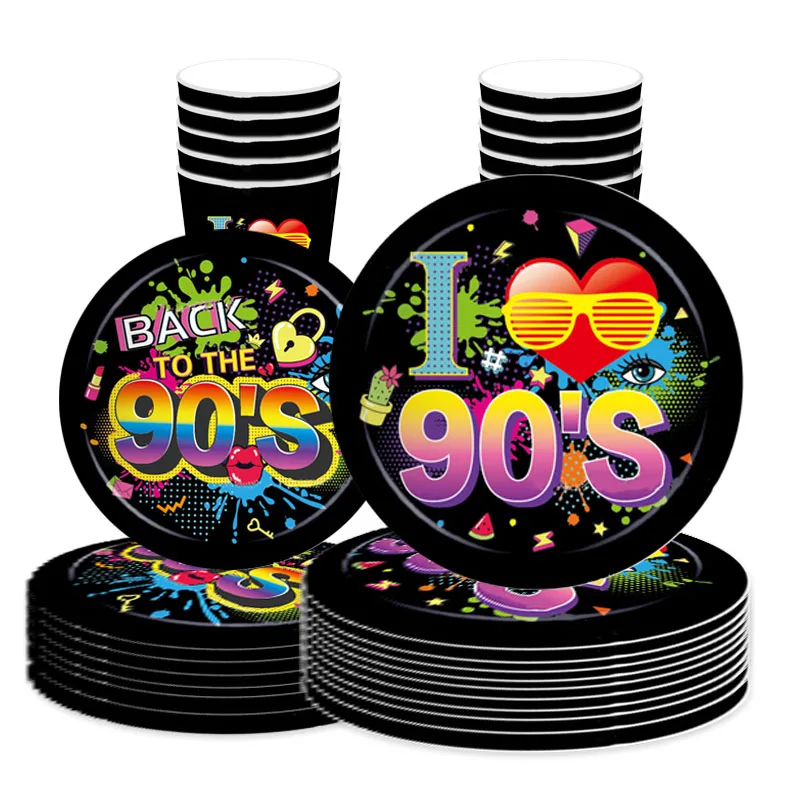 8pcs Back To The 90’s Theme Tableware Sets Recording Tape Audio Skating Paper Plate Cup Happy 90s Retro Era Birthday Party Decor