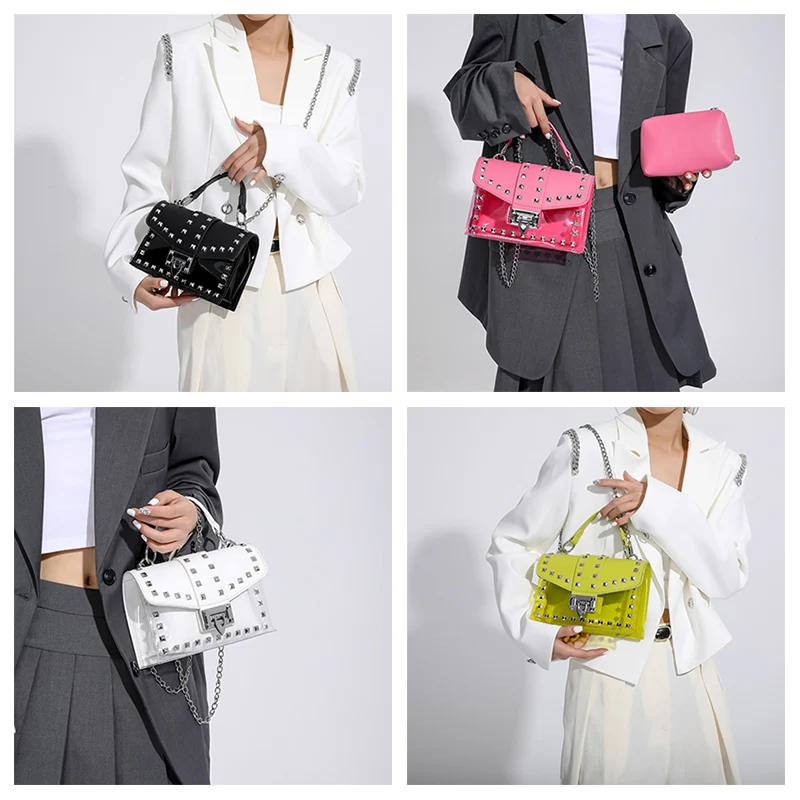 Clear Transparent PVC Shoulder Bags Women Candy Color Women Jelly Bags Purse Solid Color Handbags Female Rivets Crossbody Bag