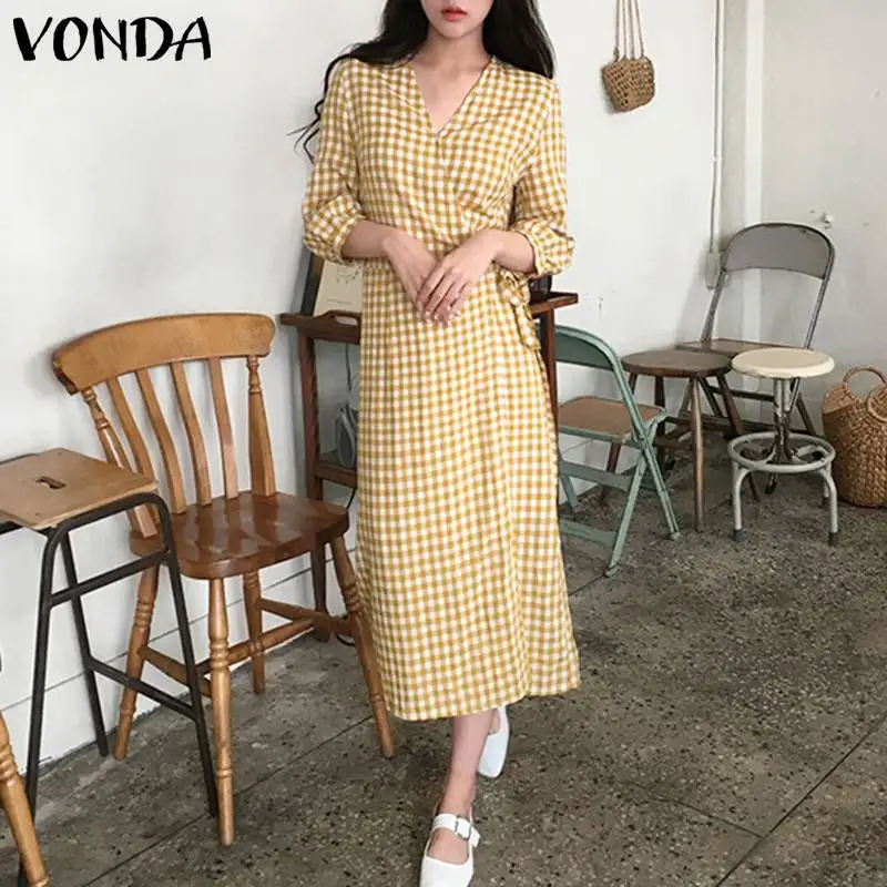

Elegant Plaid Dress 2022 VONDA Women V Neck Long Sleeve Party Sundress Summer Beach Holiday Long Dress Casual Vestido Femininas