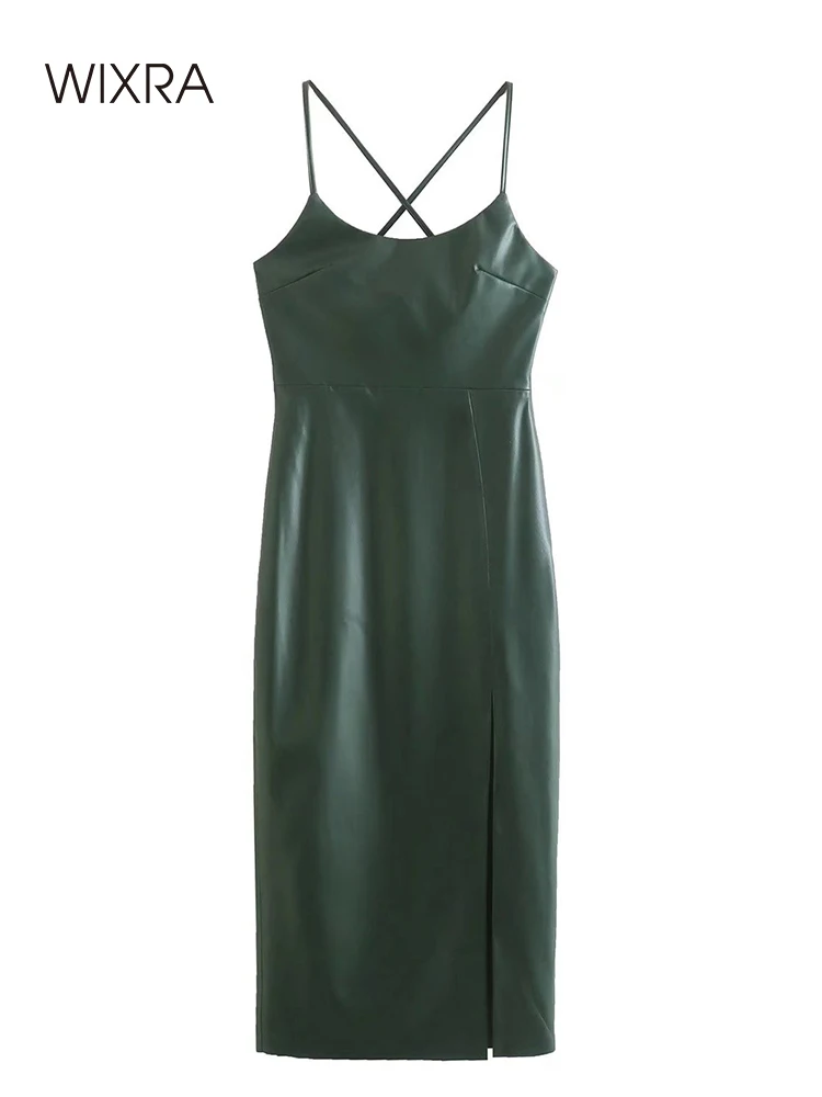 

Wixra Women PU Strap Dress Faux Leather Back Cross Army Green Sleeveless Lady Split Slim Skinny Sexy High Streetwear