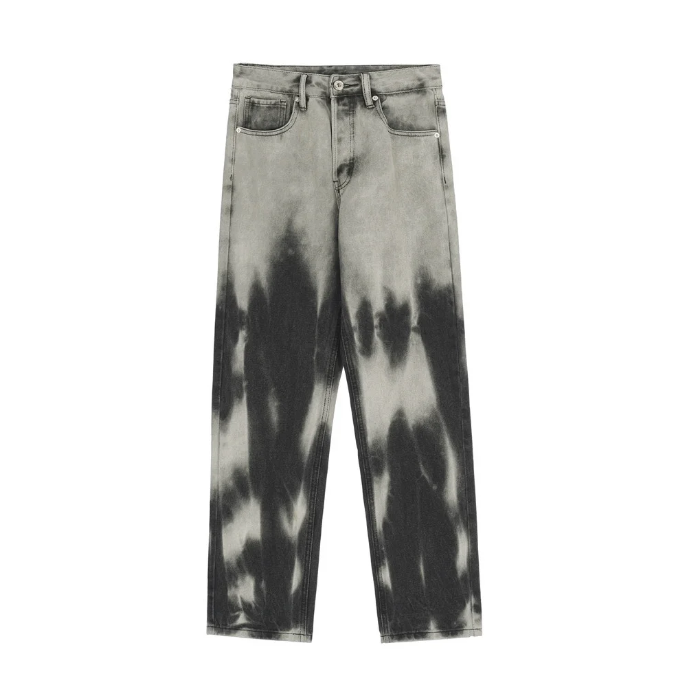 

Tie Gray Hip Hop Dye Men Fashion Retro Casual Baggy Wide-leg Jeans Streetwear Korean Style Loose Camo Straight Denim Pant