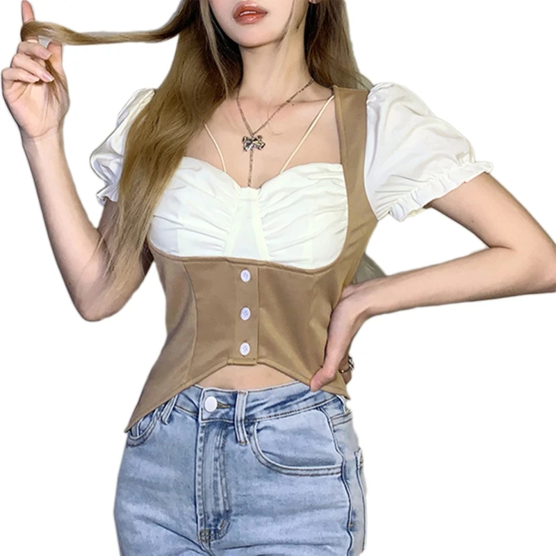 

H9ED Women Vintage Puff Short Sleeve Crop Top Sexy Square Neck Ruched Chest Contrast Color Corset T-Shirt Irregular Hem Tee
