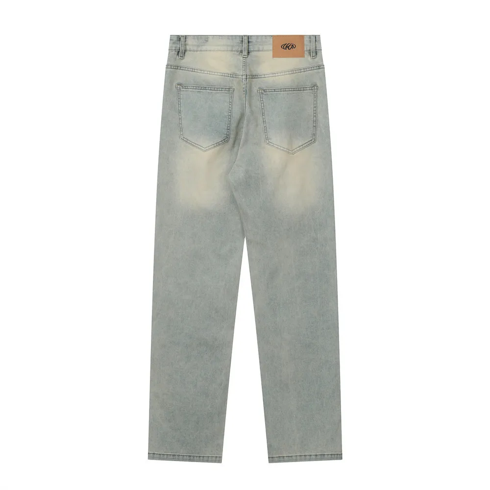 2023 Washed White Straight Denim Jeans Mens Ins Fashion Streetwear American Loose Trousers Feet Zipper Slit Casual Daddy Pants