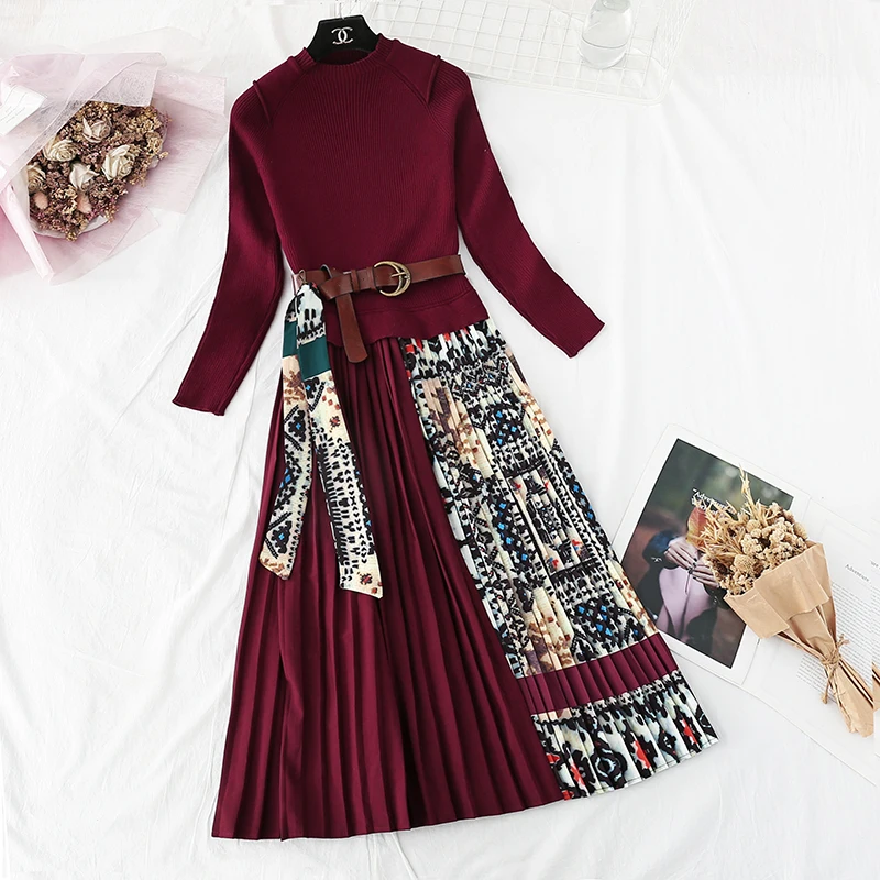 

Elegnat Women's Knitted Patchwork Printing Pleated Dress Autumn Fashion Long Sleeve O Neck Belt Midi Dresses