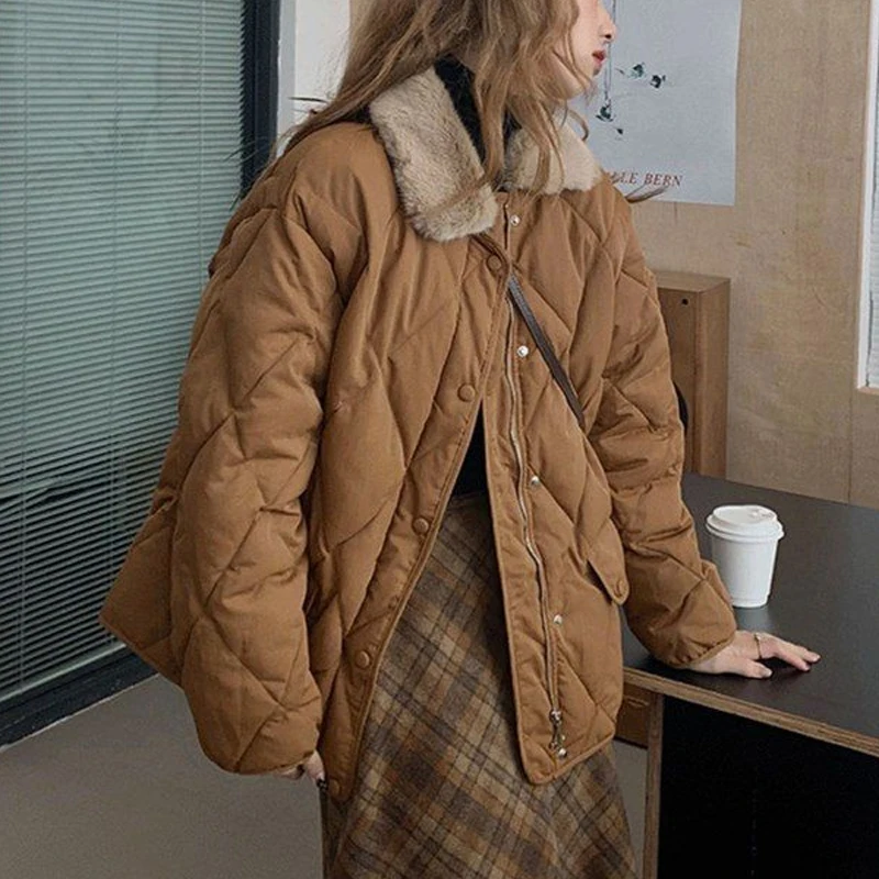 MOUKYUN Winter Simple Parkas Thick Warm Women Vintage Cotton Padded Coat Plush Lapel Baggy Long Sleeve Lady Down Jacket