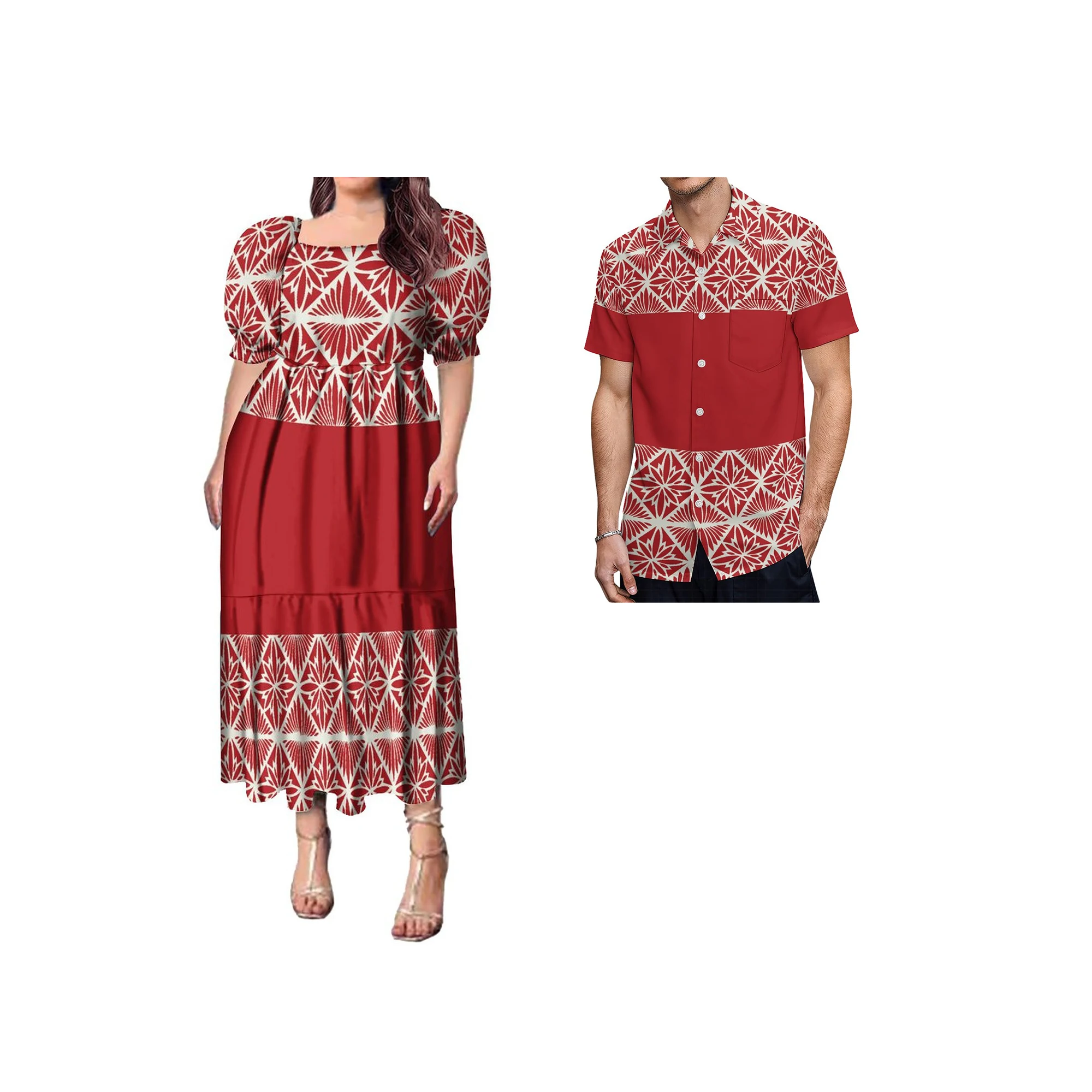 New Customize Pacific Islands Tapa Print Ruffle Puff Sleeve Tiered Dress Polynesian Casual Women Dress Match Mens Shirts