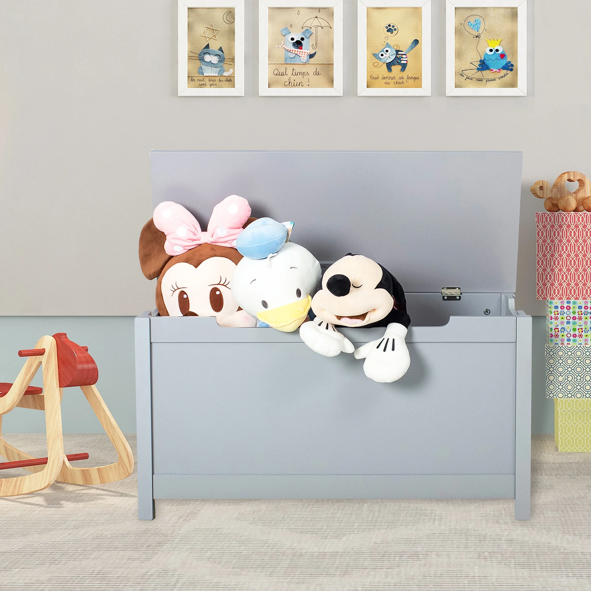 

Kids Wooden Toy Box/Bench with Safety Hinged Lid for Ages 3+