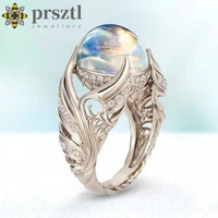 prsztl 925 sterling silver angel wings moonstone rings for women vintage colorful big circular cut ring luxury wedding jewelry