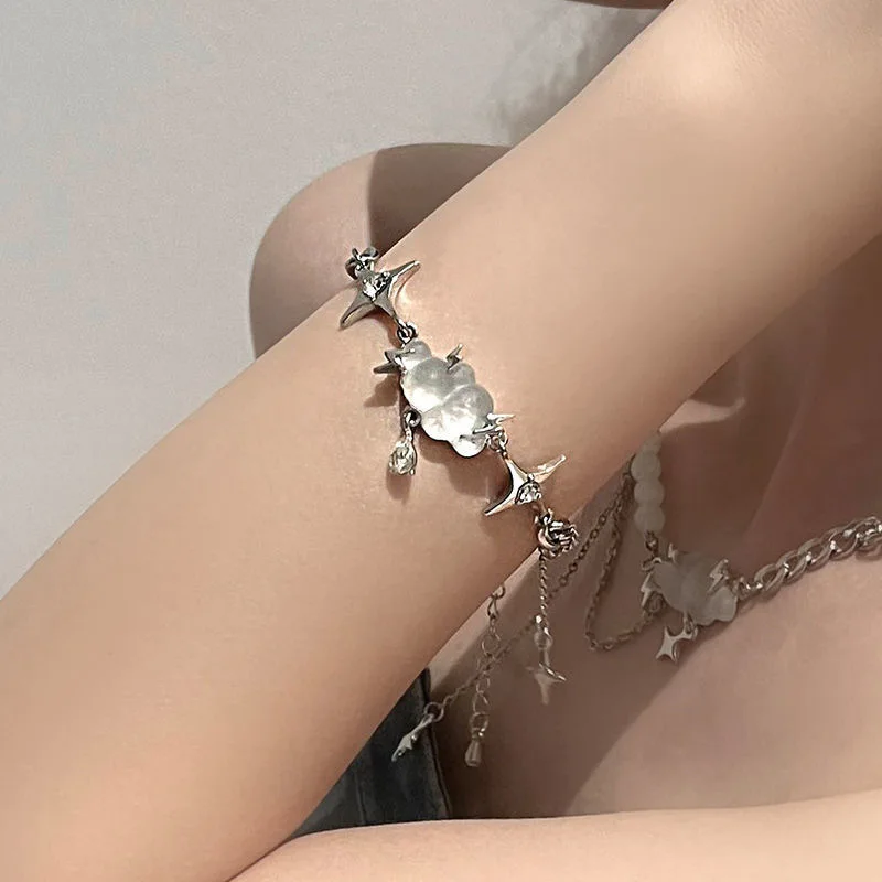 

Lightning Cloud Four Pointed Star Charm Bracelet Hip Hop Ghost Smiley Beads Bracelets for Women Men Stainless Steel Hand Jewelry