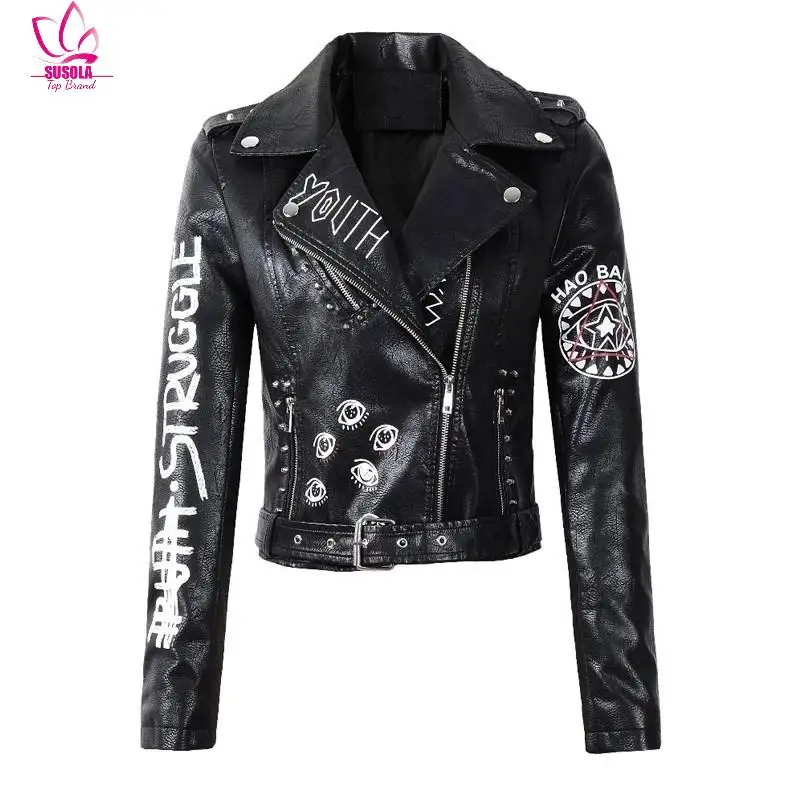 

SUSOLA Lady New Autumn Winter Women Faux Leather Jacket Turn Down Collar Letter Print Epaulet Rivet Zipper Biker Outerwear