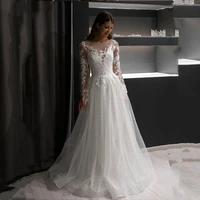 elegant long sleeve a line wedding dress lace boho appliques bridal gowns tulle sequins illusion back with button robe de mari%c3%a9e