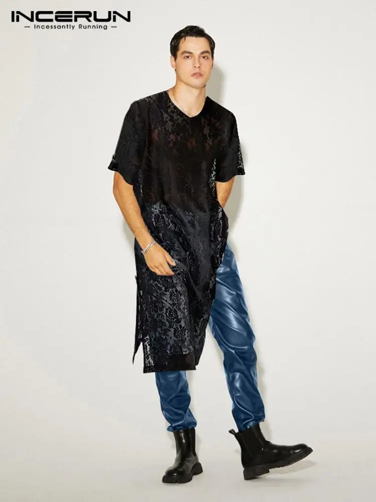 

Casual Streetwear Style New Men Tops Lace Printing O-Neck Camiseta Male Short Sleeve Mid Length Side T-shirts S-5XL INCERUN 2022