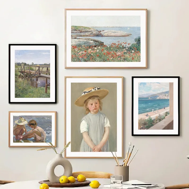 Винтажный деревенский Летний коттедж плакаты и принты с пляжным ландшафтом