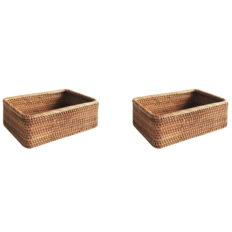 

2X Hand-Woven Rectangular Rattan Wicker Basket Fruit Tea Snack Bread Picnic Cosmetic Storage Box S