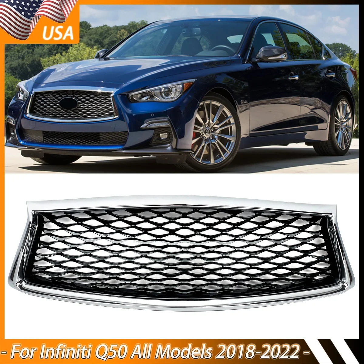 Передний бампер верхняя решетка радиатора JDM Chrome для 2018-2022 Infiniti Q50