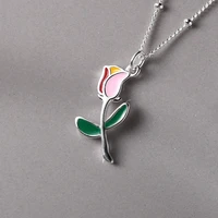 new real 925 sterling silver tulip pendant necklace for women neck chain enamel colorful flower womans necklaces fine jewelry