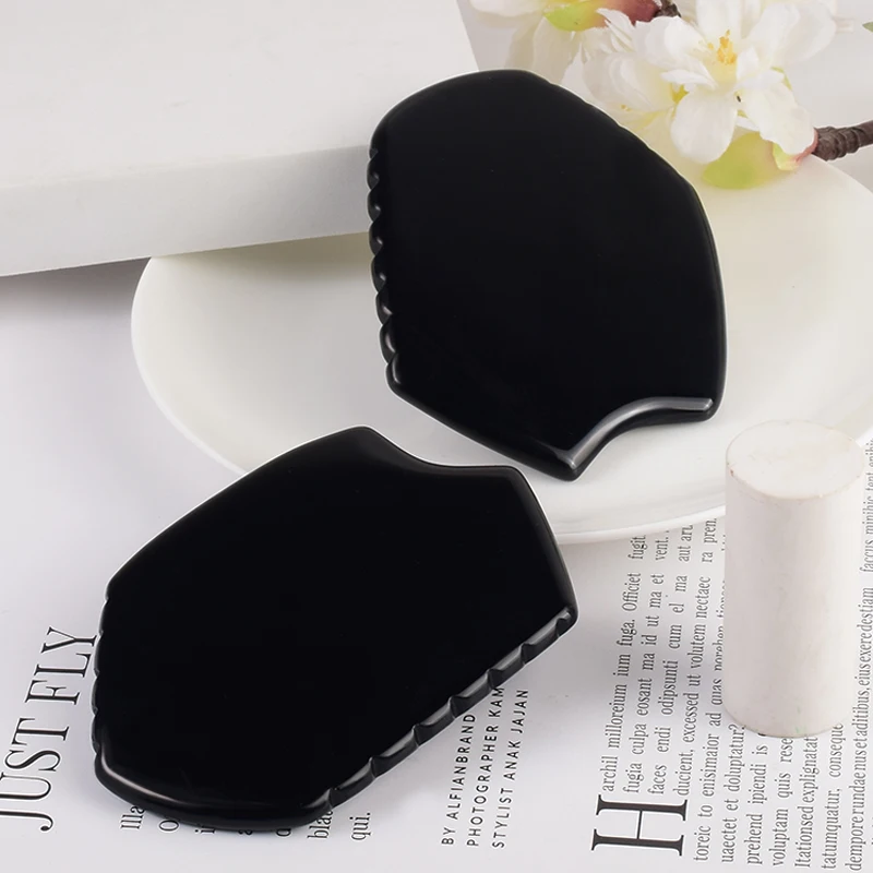 

Natural Stone Black Obsidian Sawtooth Face Gua Sha Tool SPA Massager Acupuncture Scraping Facial For Crystal Stone Health Care