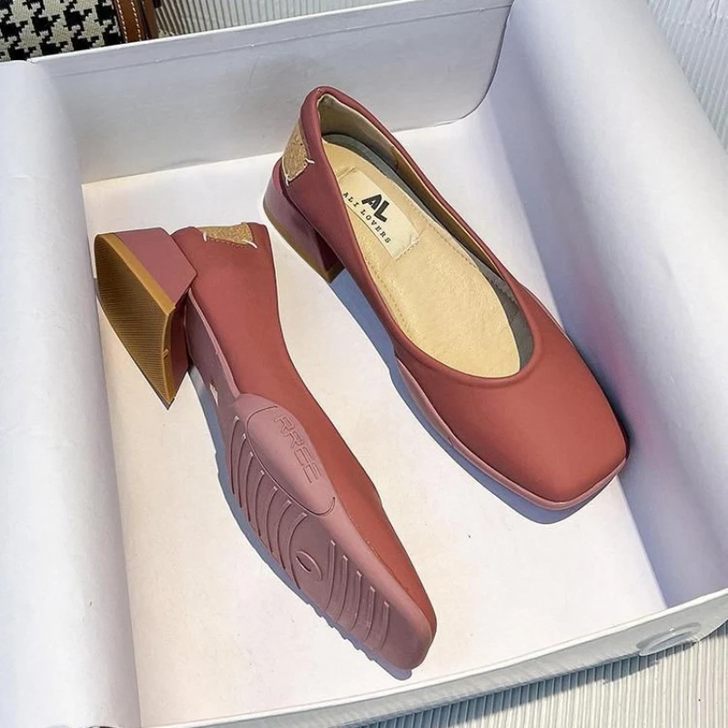 

Thick Heeled Square Toe Shoes for Women Spring and Summer Medium Heeled Soft Leather Shallow Womens Solid Shoes