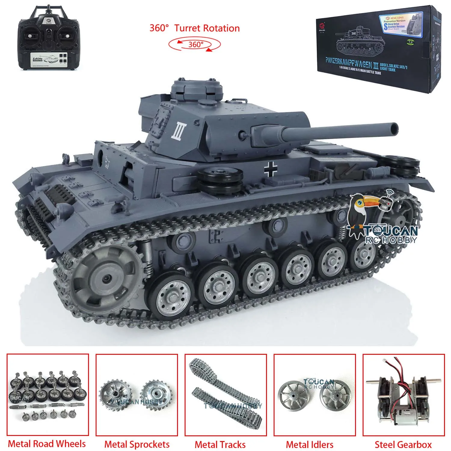 

Heng Long 1/16 TK7.0 Customized Panzer III L RTR RC Tank 3848 Metal Tracks Wheels TH17345