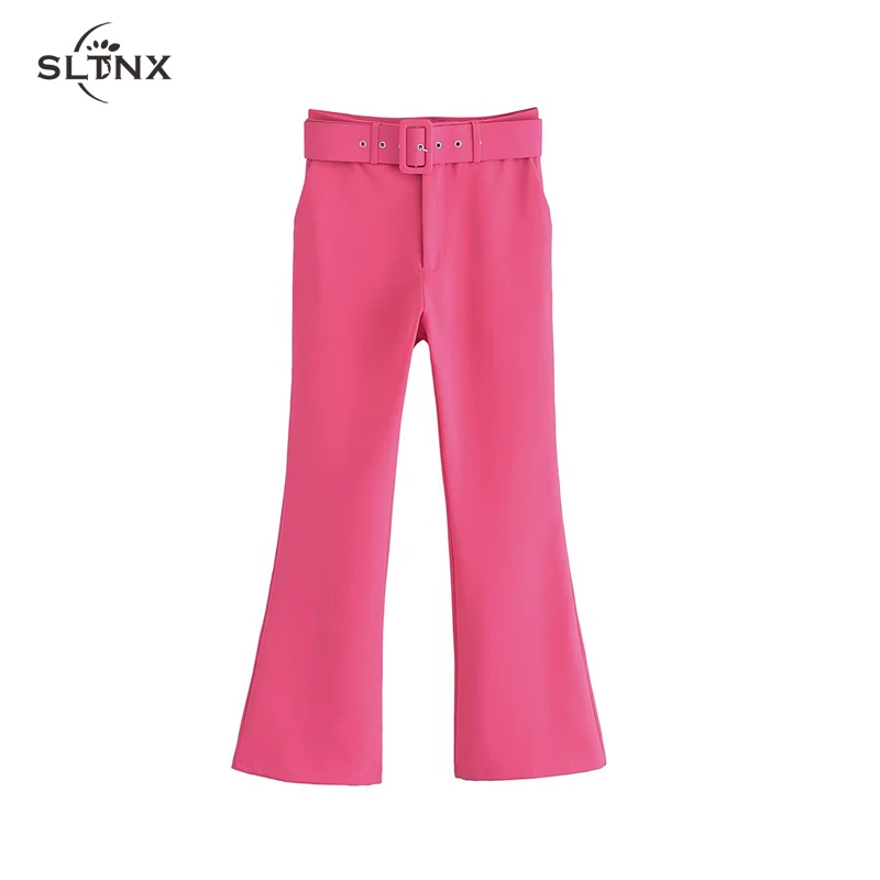 

SLTNX TRAF Ladies Casual with Belt Flare Pants Zipper Fly New Fashion Women Flare Pants Female High Waist Chic Elegant Trousers