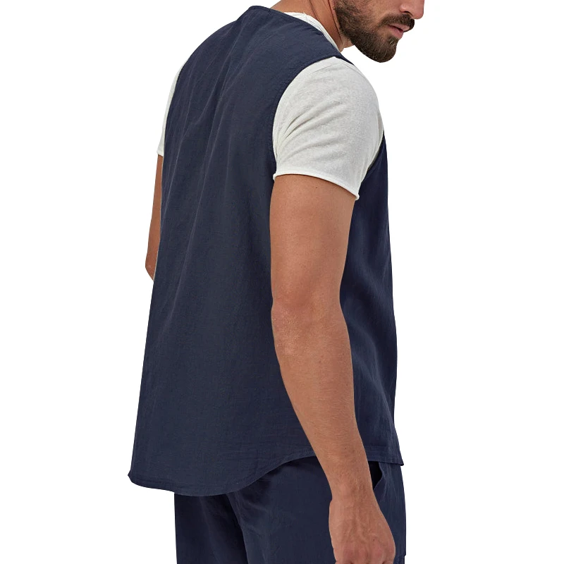 Summer Men's Vest Cotton Linen Suit  Collar Casual Slim Fit Waistcoat For Man Clothing Fashion Short 2pcs Set