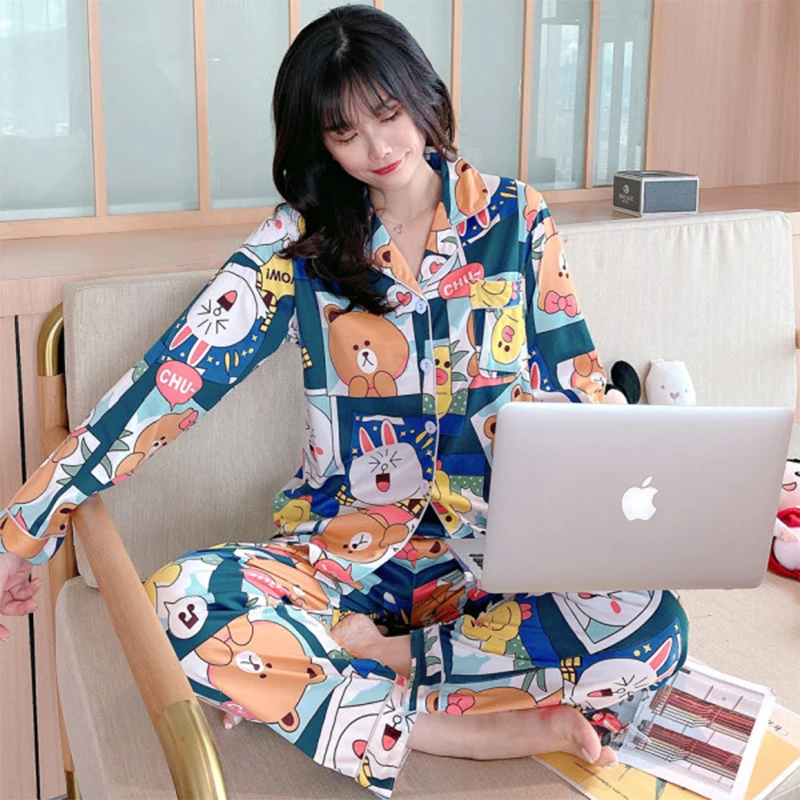 

BROWN New Spring and Autumn Long Sleeved Pajamas for Young Ladies Sweet and Lovely Home Clothes Student Lapel Cardigan Suit