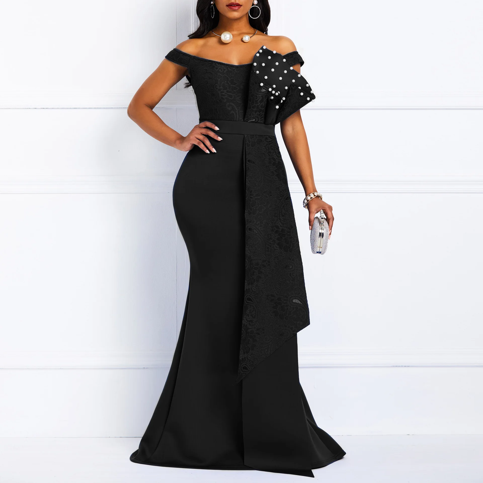 Bule Bodycon Off-Shoulder Women Dress 2023 New in Beaded Lace Mermaid Elegant Ladies Prom Wedding Evening Party Maxi Dresses