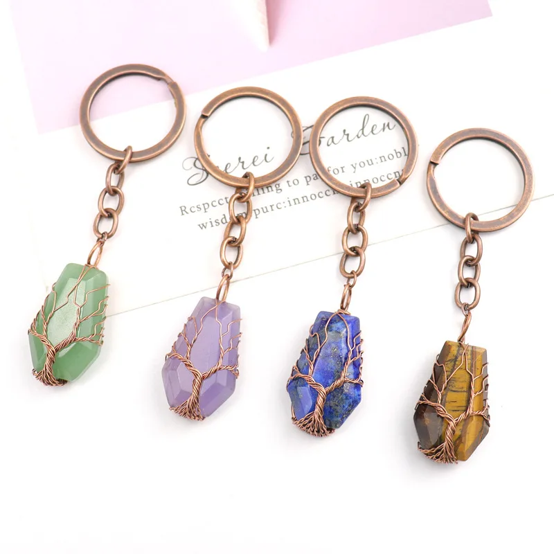 

6pcs Handmade Tree of Life Coffin Shape Keyrings Lucky Natural Stone Crystal Quartz Keychain Keyrings Key Ring Bag Acc Jewelry