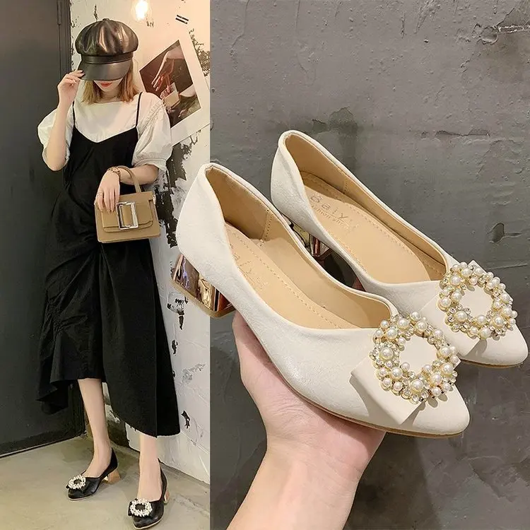 3cm Fashion Pointed Toe Square Low Heel High Heels Elegant Pearl Rhinestone Buckle Soft Leather Party Dress Shoes Female Pumps