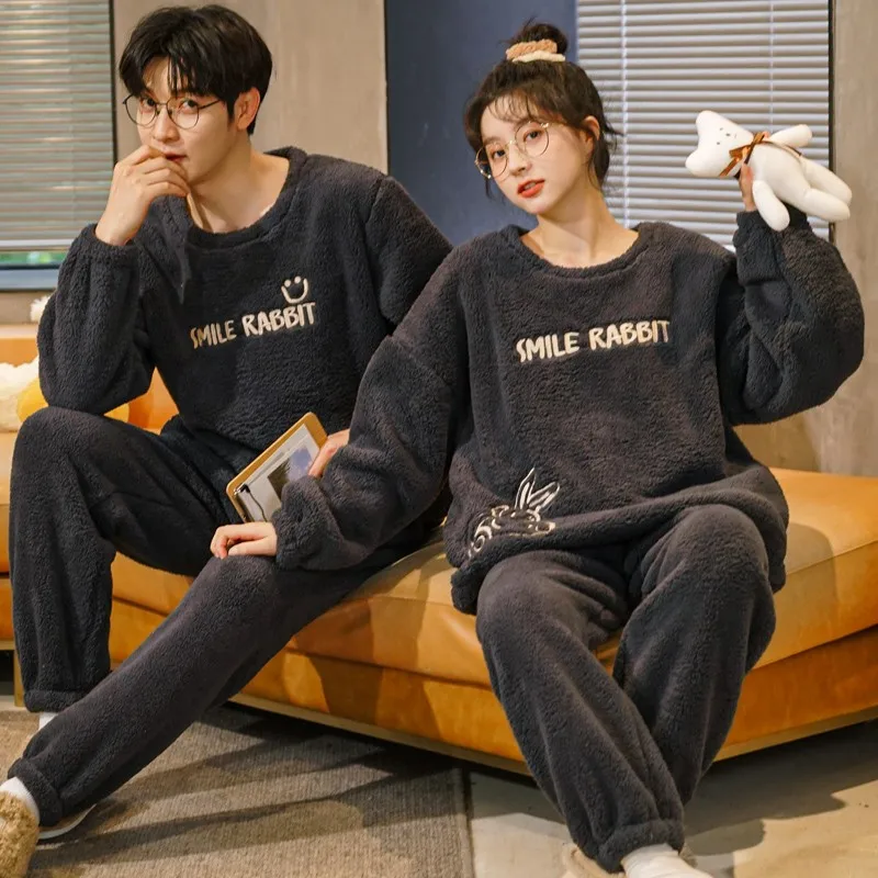 Winter Thicken Couples Pajamas Sets Sleepwear Aldult Cartoon Women Men Flannel Pyjamas Korean Suits Nightgown Drop Ship