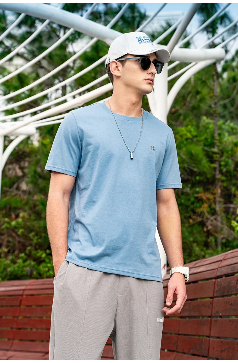 

7220 Простая цветная гладкая Мужская футболка с коротким рукавом и круглым вырезом с вышивкой