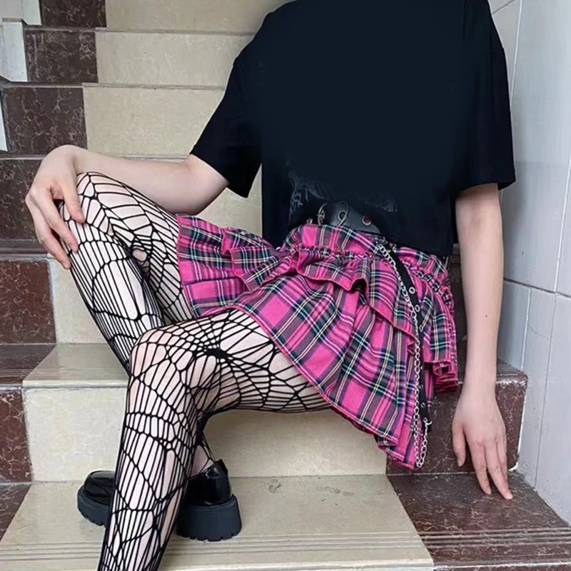 

Women Gothic Punk High Waist Layered A-Line Mini Skater Skirt Harajuku Vintage Plaid Printed Pleated Ruffled Flare Hem Party