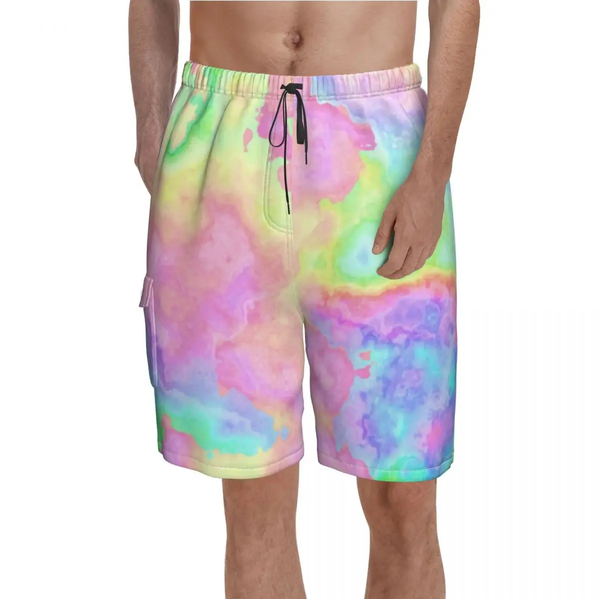 

Rainbow Tie Dye Marble Board Shorts Trenky Stone Pastels Abstract Art Design Board Short Pants Elastic Waist Classic Swim Trunks