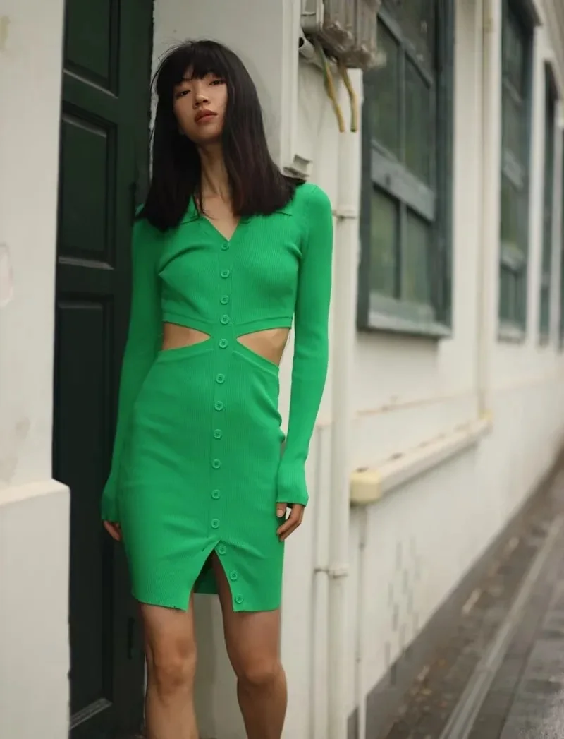 

Women Long Sleeve Polo Button Knitted Mini Cut Out Dress