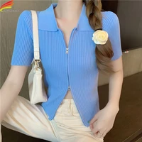 dfrcaeg 2022 summer zipper up tops for women white black blue color ribbed cardigan cropped sweater short sleeve sweaters