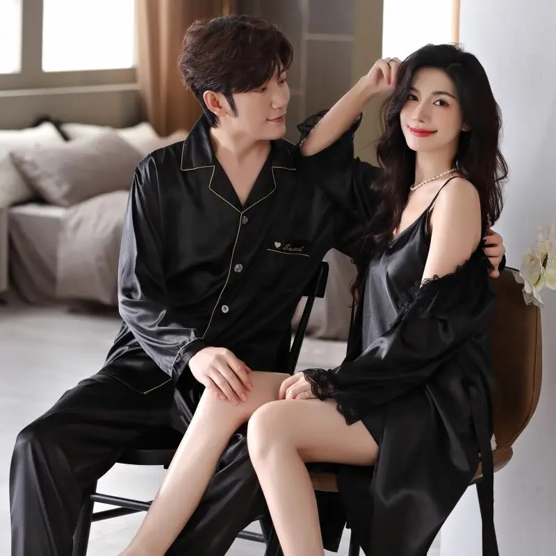 1 Wedding couple ice silk pajamas female spring and autumn sexy suspender pajamas real silk male summer red two-piece set