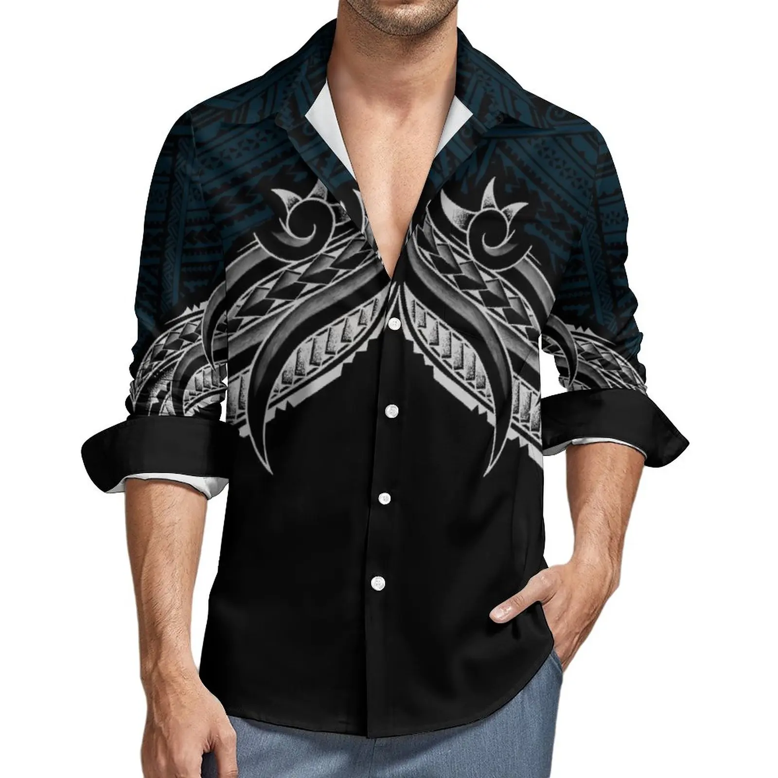 Handsome Cool Mens Long Sleeve Shirt Personality Street Apparel Polynesian Tradition Tribal Design Mens Slim Long Sleeve Shirt