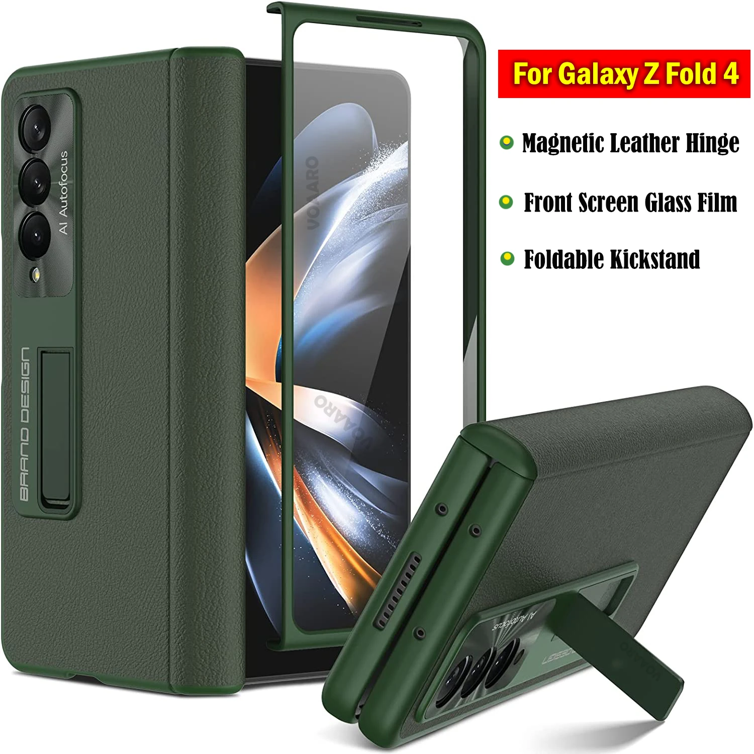 

For Samsung Z Fold 4 Magnetic Hinge Case for Samsung Galaxy Z Fold 4 Leather Hinge Case with Front Screen Glass Film Stand Capa