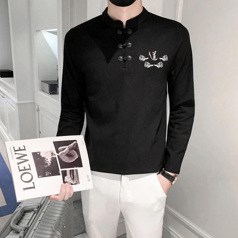 

Chinese Style Embroidered Men's Pullover Shirt T-shirt Spring and Autumn Long Sleeve Retro Casual Tops Social Party Wear