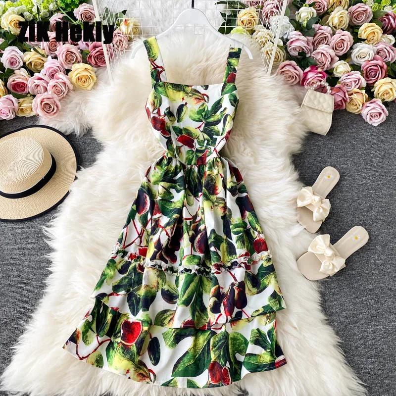 

Zik Hekiy Women Resort Style Halter Beach Dress Summer New Women Print Floral Dress Strapless Slim Sweet Cake Dress