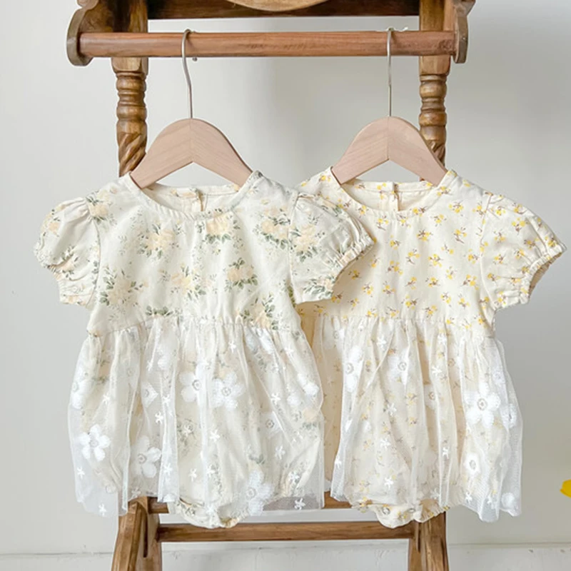 

Toddler Baby Girl Short Sleeve Cotton Floral Printing Mesh Splicing Dress Bodysuits Newborn Baby Girls Jumpsuit For Summer
