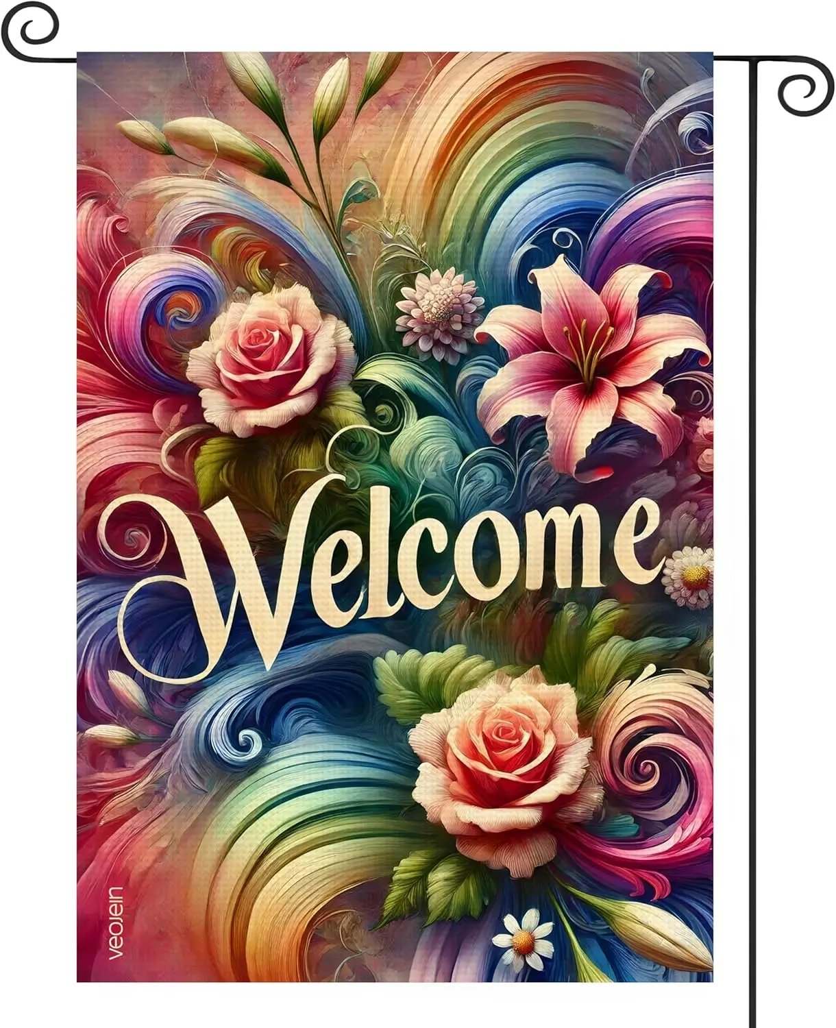 bstrct Florl Welcome Burlp Grden Flg - Colorful Swrlng Rose nd Lly Desgn двухсторонний прочный Outdoor del for ll Sesons Yr
