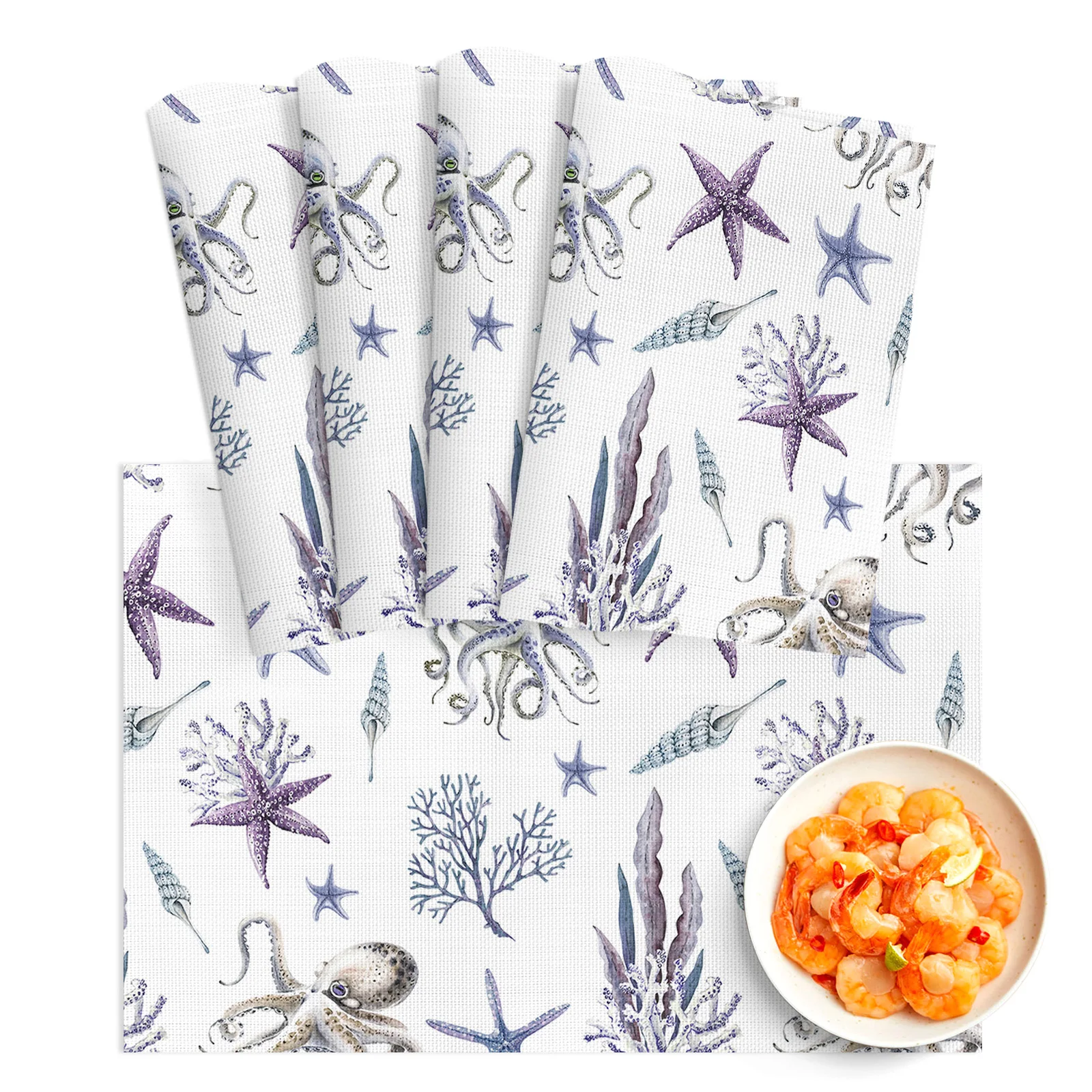 

4/6Pcs PVC Placemats Ocean Watercolor Creatures Starfish Octopus Dining Disc Pads Bowl Coasters Plate Bar Kitchen Table Mats